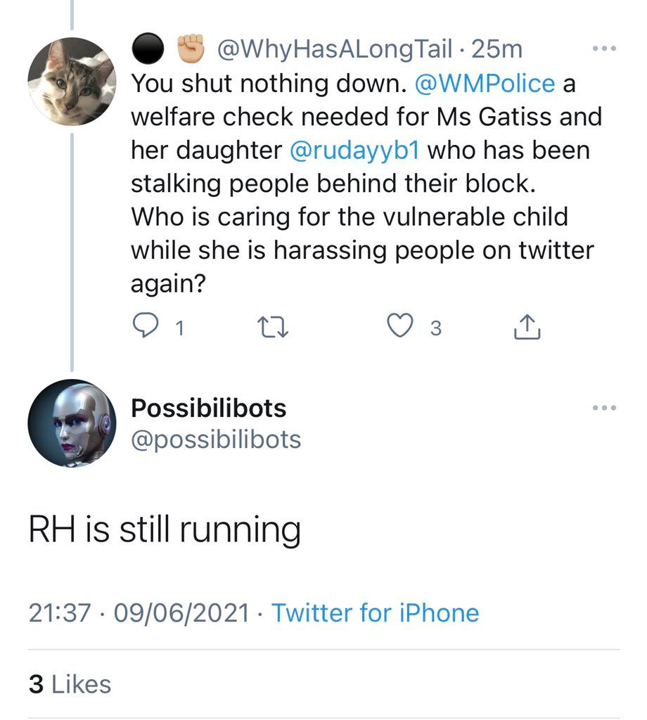 Tweet from Wiles "You shut nothing down @WMPolice a welfare check needed for Ms Gatiss and her daughter who has been stalking people behind a block. Who is caring for the vulnerable child while she is harassing people on Twitter again?